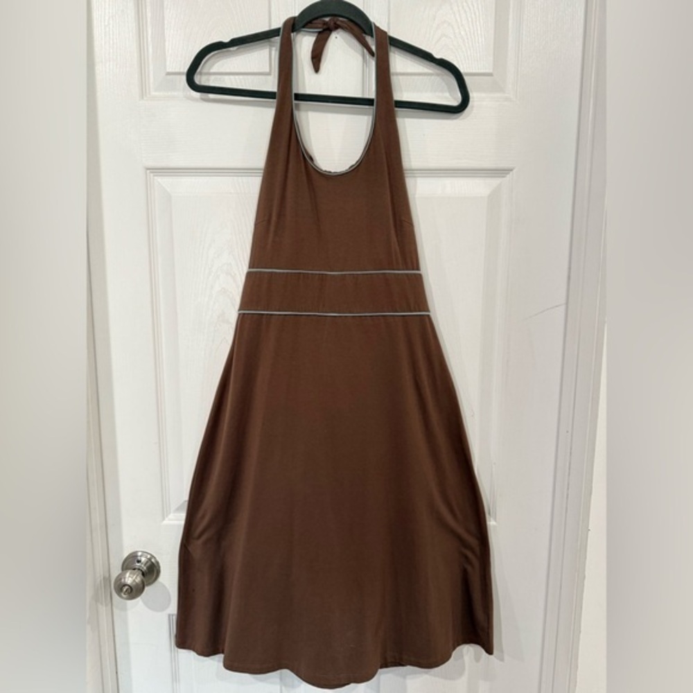 Aventura Brown Halter Dress with blue Trim